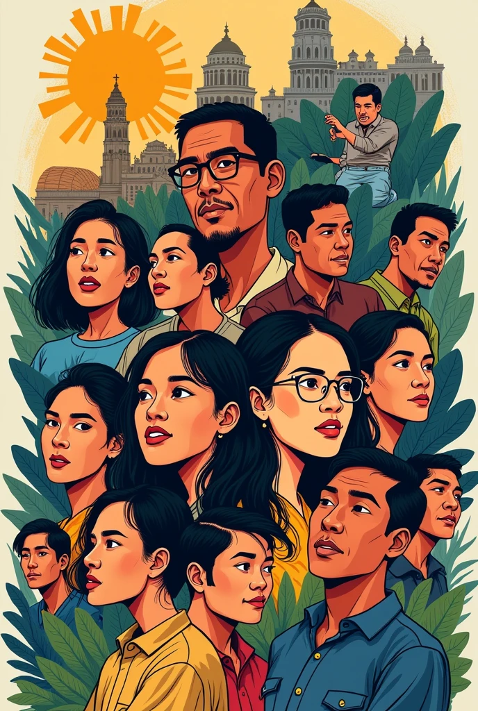 Make a poster that is EASYYYY TO DRAWWWW (like sketch) based on this theme: Wikang Filipino, Wikang Mapagpalaya
(Filipino Language, Language of Liberation)
Salaysay ng Bayan, Saysay ng Bansa
(Narratives of the People, History of the Nation)