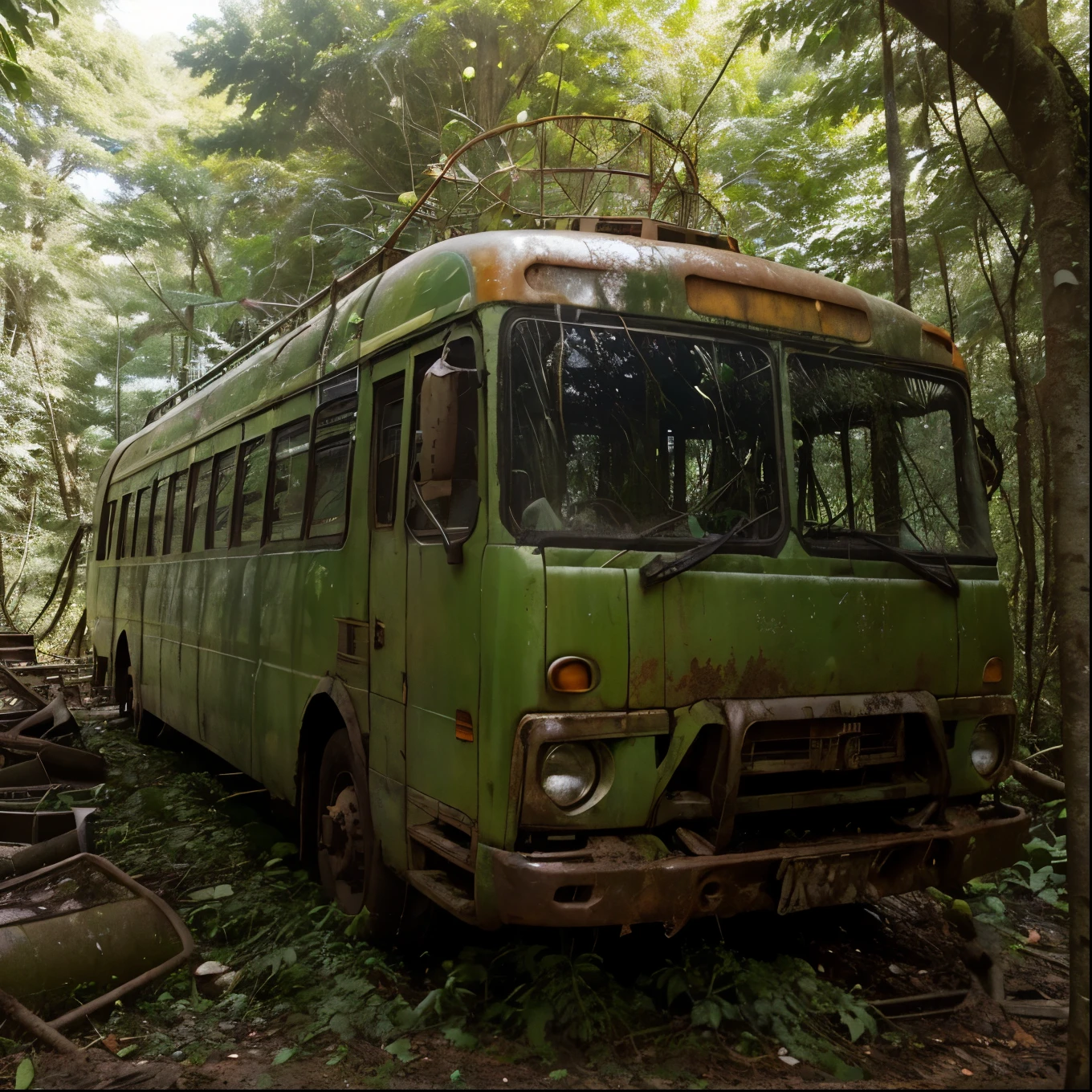 (high school girl:1.4)、in a dense forest, Among the lush green leaves, Scenes of devastation and abandonment prevail. Highway Bus, Once a symbol of travel and adventure, Now it is completely forgotten. The metal case is covered in rust., Slowly consume the structure. The window that once offered a beautiful view、Now it's cloudy and cracked, Make the interior completely invisible. The wheels are partially buried in the ground., Silent witnesses to the passage of time. The vine found refuge within the boundaries., Wrap it in a green plant net. The Heavy, The moist air of the forest、contrasting with the atmosphere of abandonment and loneliness that surrounds the car.。., Creates an image of melancholy and desolation.