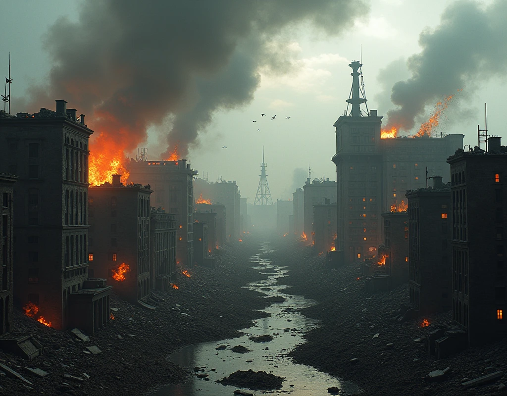 A city with ruined buildings, buildings on fire, smoke, crows flying in distance, symmetrical