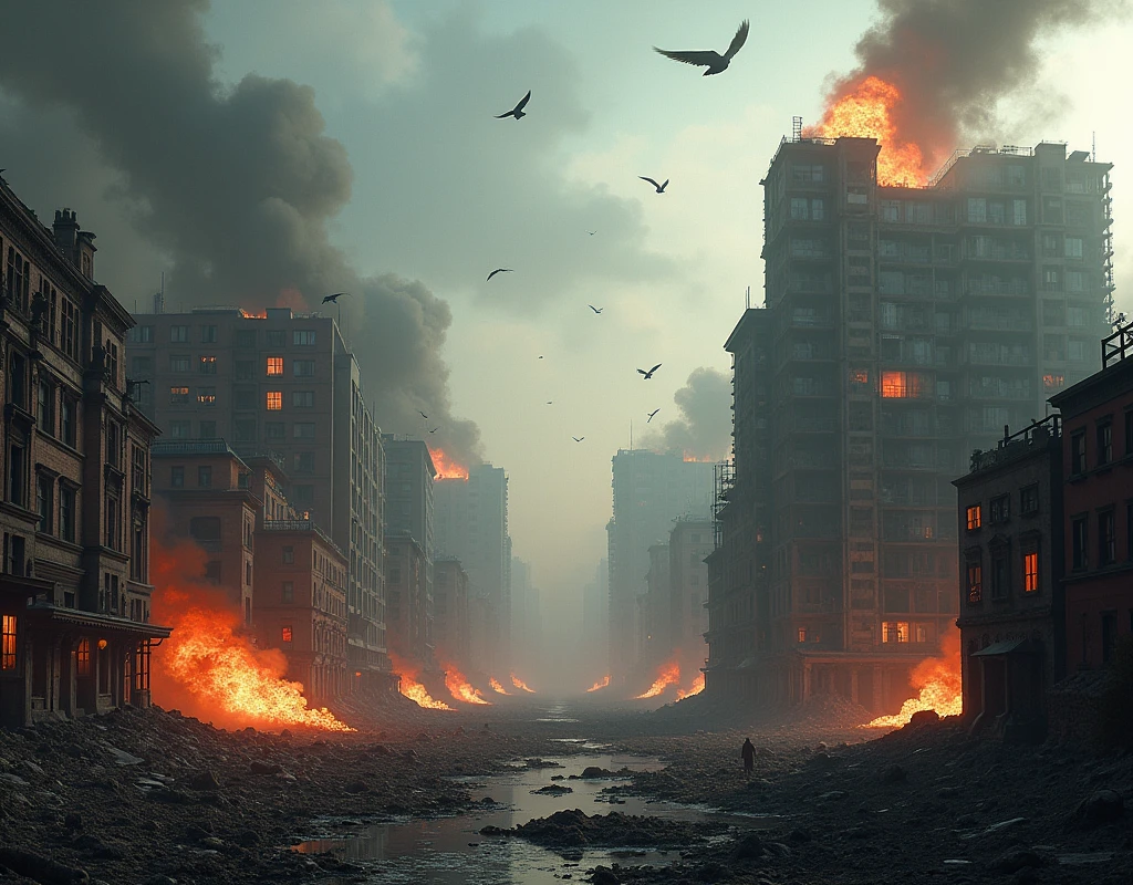 A city with ruined buildings, buildings on fire, smoke, crows flying in distance, symmetrical