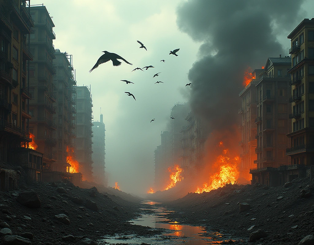 A city with ruined buildings, buildings on fire, smoke, crows flying in distance, symmetrical