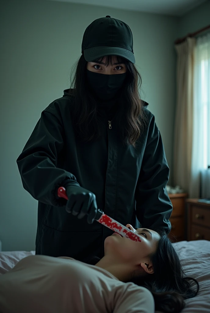 korean girl, (behind stiff, holding knife), stabbing, black balaclava mask, black gloves, girl's room, black raincoat, trucker hat, bloody knife, black gloves, woman on top, behind cadaver, blood splatter, on the bed, looking at viewer, mass murderer, killer, blood splatter, dark atmosphere, cinematic lighting, atmospheric realistic, light from the window,