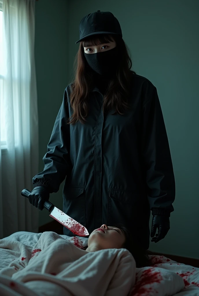 korean girl, (behind stiff, holding knife), stabbing, black balaclava mask, black gloves, girl's room, black raincoat, trucker hat, bloody knife, black gloves, woman on top, behind cadaver, blood splatter, on the bed, looking at viewer, mass murderer, killer, blood splatter, dark atmosphere, cinematic lighting, atmospheric realistic, light from the window,
