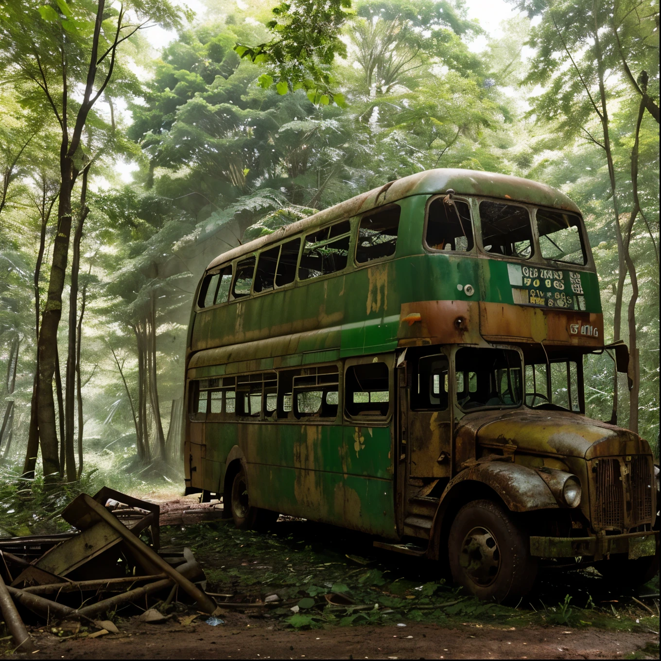 in a dense forest, Among the lush green leaves, Scenes of devastation and abandonment prevail. Highway Bus, Once a symbol of travel and adventure, Now it is completely forgotten. The metal case is covered in rust., Slowly consume the structure. The window that once offered a beautiful view、Now it's cloudy and cracked, Make the interior completely invisible. The wheels are partially buried in the ground., Silent witnesses to the passage of time. The vine found refuge within the boundaries., Wrap it in a green plant net. The Heavy, The moist air of the forest、contrasting with the atmosphere of abandonment and loneliness that surrounds the car.。., Creates an image of melancholy and desolation.