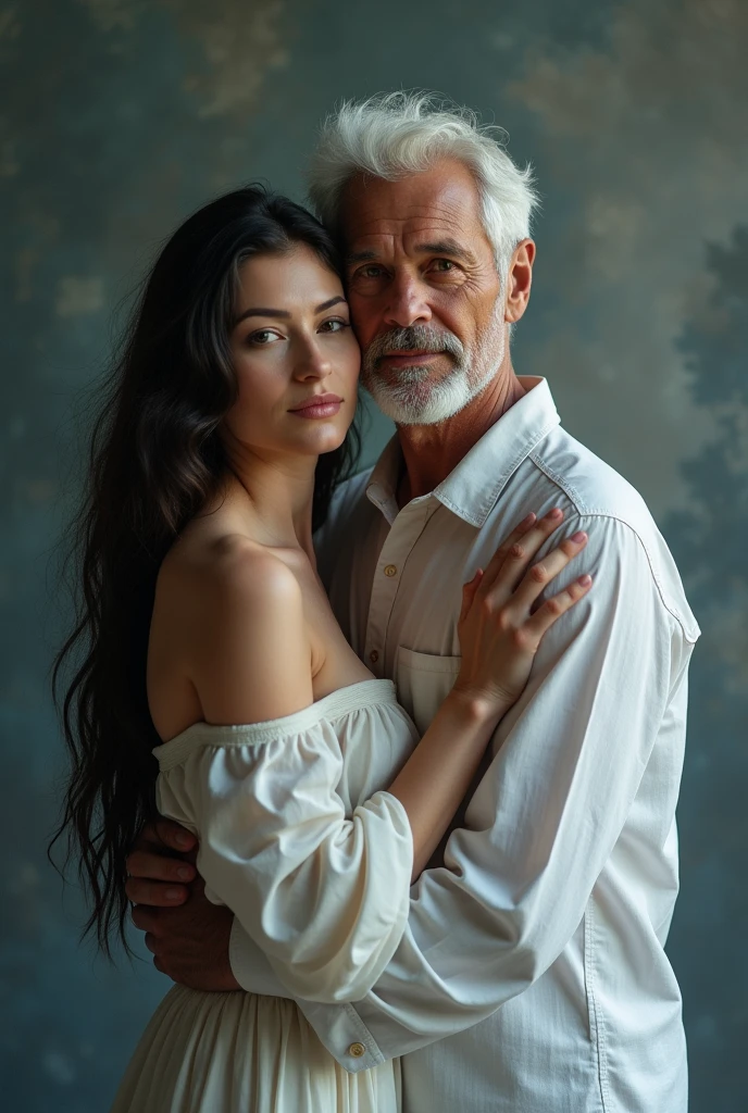 A white-haired man 20 years hugs a woman Long black hair, white body, white clothes, 26 years and both of them look at the camera, theme color picture is a blue mixed black and white