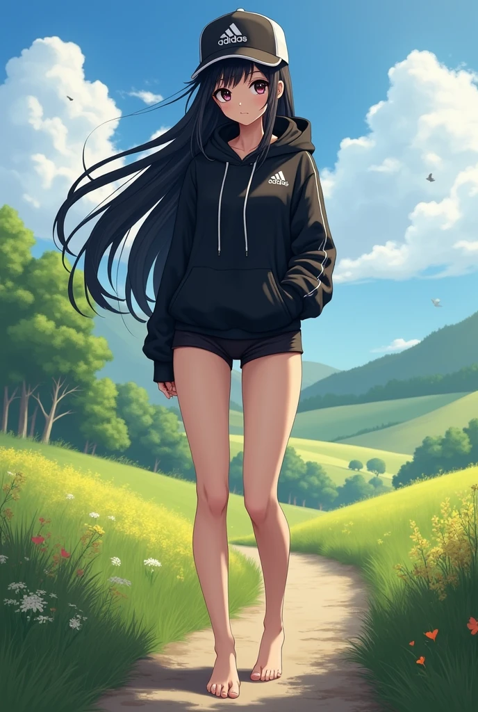 sexy tall anime girl, long black hair, black eyes, barefoot, wear black adidas cap, wear black adidas hood, wear black adidas hot pants, background is countryside