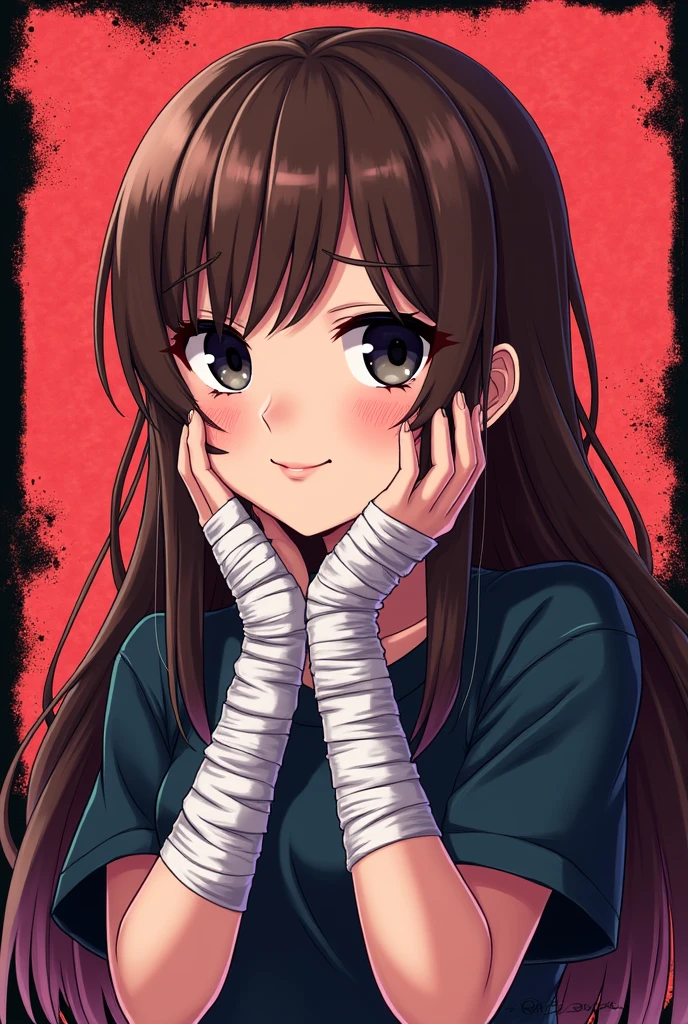danganronpa art style, female character, black eyes, long brown hair, smiling, bandaged