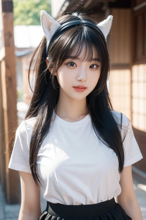 ((SFW: 1.4)), ((Detailed face, professional photography)), ((SFW, gaming headpone, t-shirt, ruffled skirt, 1 girl)), super high resolution, (actual : 1.4), Original photo, Best quality, (Photo actual Stick), Focus, Soft light, she tucking on heir , (()), ((Japanese)), (( (Young face))), (Surface ),(smileface), (depth of field), masterpiece, (actual), lady, bangs, ((1 girl)) logo hair