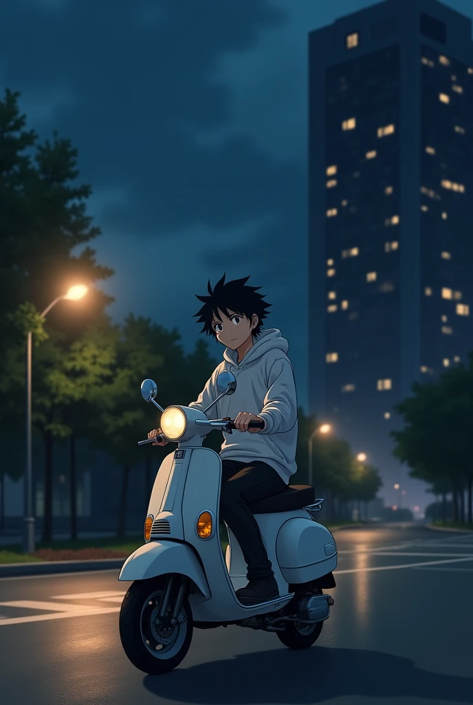 Sakata Gintoki,wearing a hoodie, white, on the side of the road, alone in the middle of the road, riding his scooter. Under the street lights, with the dark air and sky, around the big building , relax and enjoy the evening
