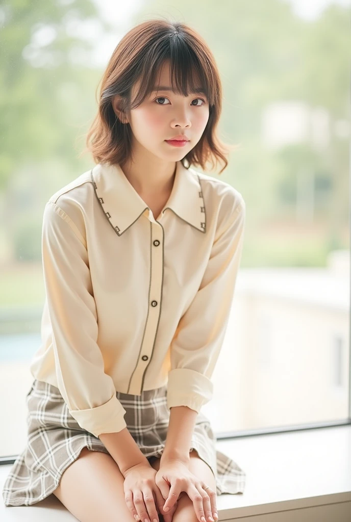 beautiful girl, One Girl, (16 yo:1.3), break, (classroom:1.2), break, Embarrassed Laugh, Very beautiful eyes, (Symmetrical eyes:1.3), break, (Big Breasts:1.2), Brown eyes, Parted bangs, Brown bob cut hair, Round face, cute, break, (Eye and facial details:1.0), Spread your legs, Shooting from below, Pussy Line, Camel Toe, Looking into the camera, masterpiece, Highest quality, RAW Photos, Realistic, Cute Girls, Written boundary depth, High resolution, Very detailedな, In detail, Very detailed, Very detailed目と顔, Sharp pupils, Cinema Lighting