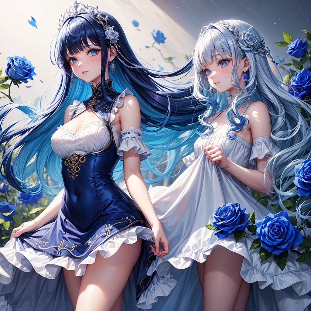 ((Highest quality)),(Ultra-high resolution),A dress with a flared skirt made of deep blue roses,Highly detailed CG Unity 8k wallpaper, , Earrings, Blue hair, Curly Hair, Blunt bangs, Straight bangs, Blue eyes, White skin, Gal, Improve、Flat Chest、Reduce exposure