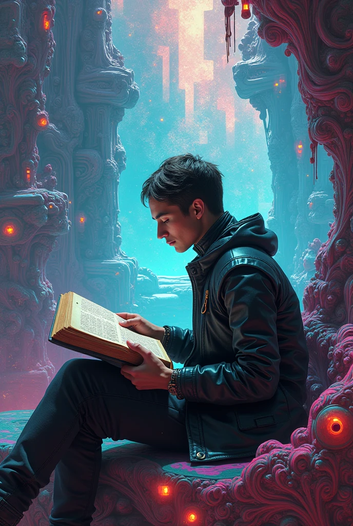 a smart futurist reading the bible in a psychedelic setting with lots of gadgets.