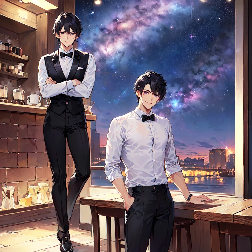 masterpiece,best quality,high quality,(1 male austere handsome solo adult age 30 years old:1.5), purple eyes, cool with suspended eyes, V-shaped eyebrows, body strong and fearless 8.5 head tall, height 185cm, (well-groomed black short hair:1.4), (bangs in three (hair parted in three parts:1.4), slender nose, facial muscles, throat, (coffee cafe costume black tie black pants:1.3), (serving:1.3), (stylish pose), (cool smile:1.3), (background coffee cafe:1.3) , (Milky Way Night Sky:1.3)