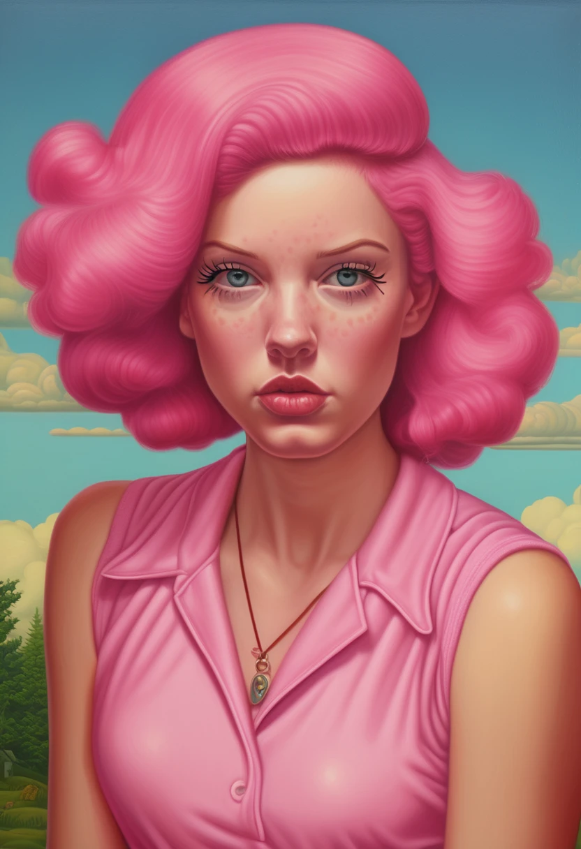 Alex Gross Style - alex gross painting of a pink haired woman wearing a retro 70s romper