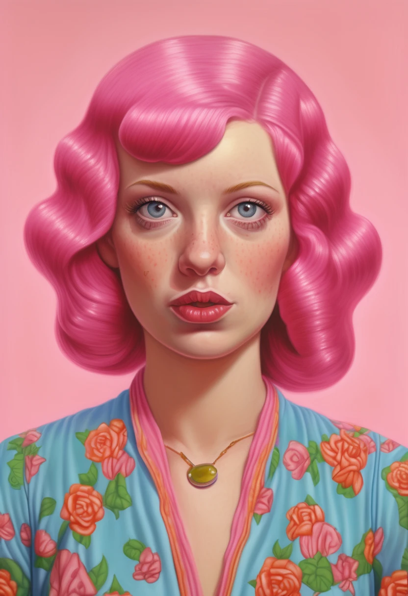 Alex Gross Style - alex gross painting of a pink haired woman wearing a retro 70s romper