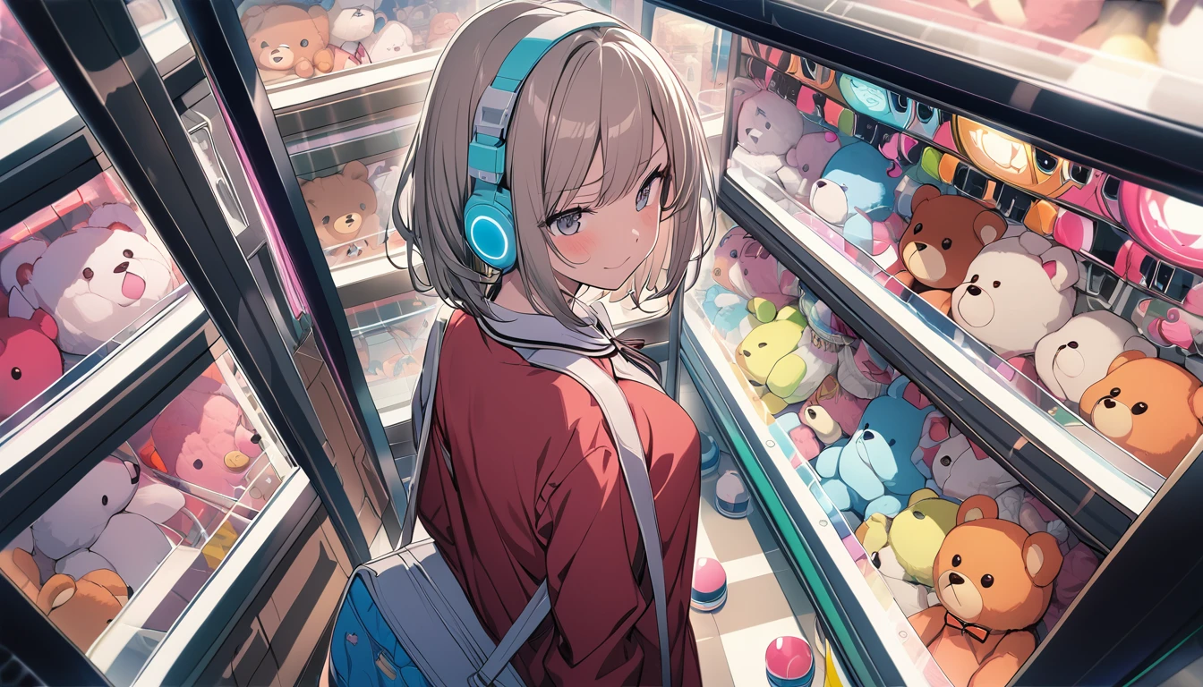 (best quality), ((masterpiece)), (highres), illustration, original, extremely detailed, (colorful:1.4), from above, solo,1girl, game cg nishikigi chisato, happy, bob cut, hair ribbon, headphones, lycoris uniform, two-tone dress, red dress, grey dress, neck ribbon, long sleeves, standing in a store with lots of stuffed animals on the shelves and a bag of stuff, depth of field, look at claw machine, teddy bear, furrowed brow, cityscape, night sky, neon signs