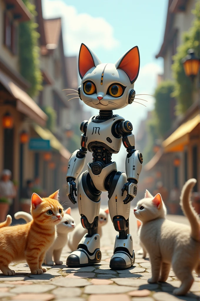 He set Whiskers in the center of the village square and activated his command function. Instantly, a chorus of meows echoed as the stray cats, sensing Whiskers' authority, gathered around him. With a gentle purr and a few taps of his mechanical paws, Whiskers organized the cats into a coordinated group.