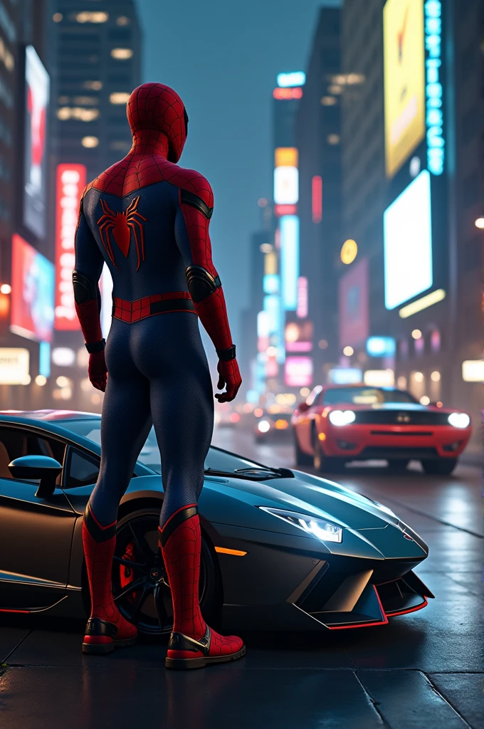 Lamborghini driving by Spider-Man