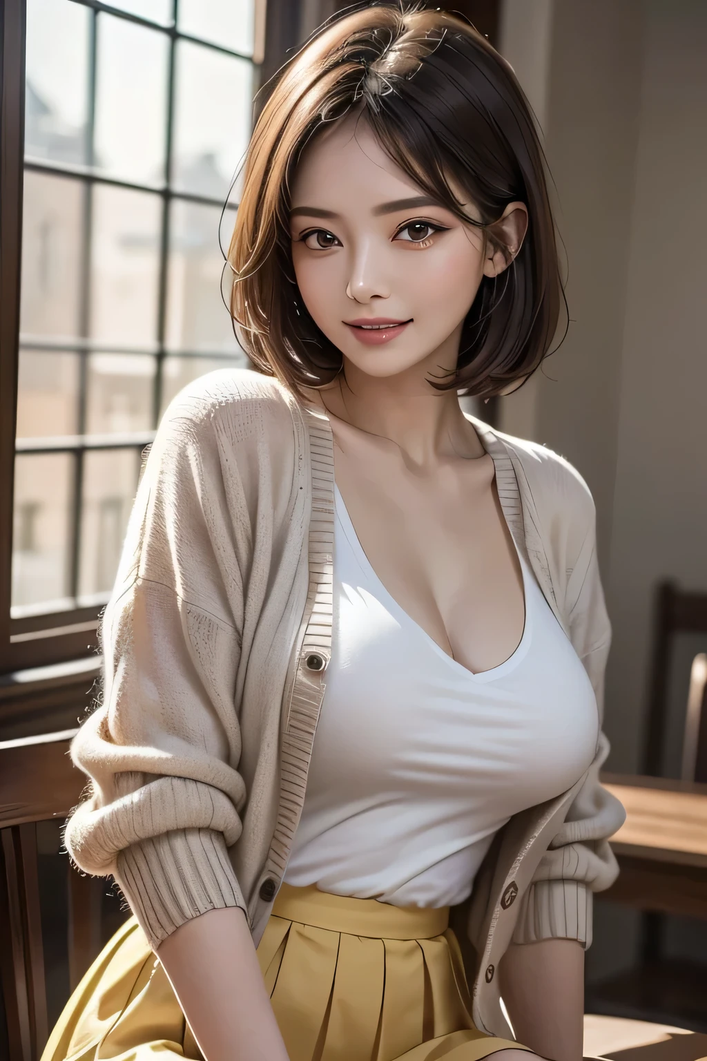 1 female, (Beautiful face with detailed shading), whole body, 40s, (Big Breasts), Brown eyes, (Pink Cardigan), Open cardigan, White camisole blouse, (Yellow pleated skirt), White Knee High, On the bed, (Tabletop)), ((Highest quality)), (Very detailedな), ((Charm)), ((Very detailed)), 4K, (8k), Highest quality, (beautiful), (((World Class Quality))), Very detailed, High resolution