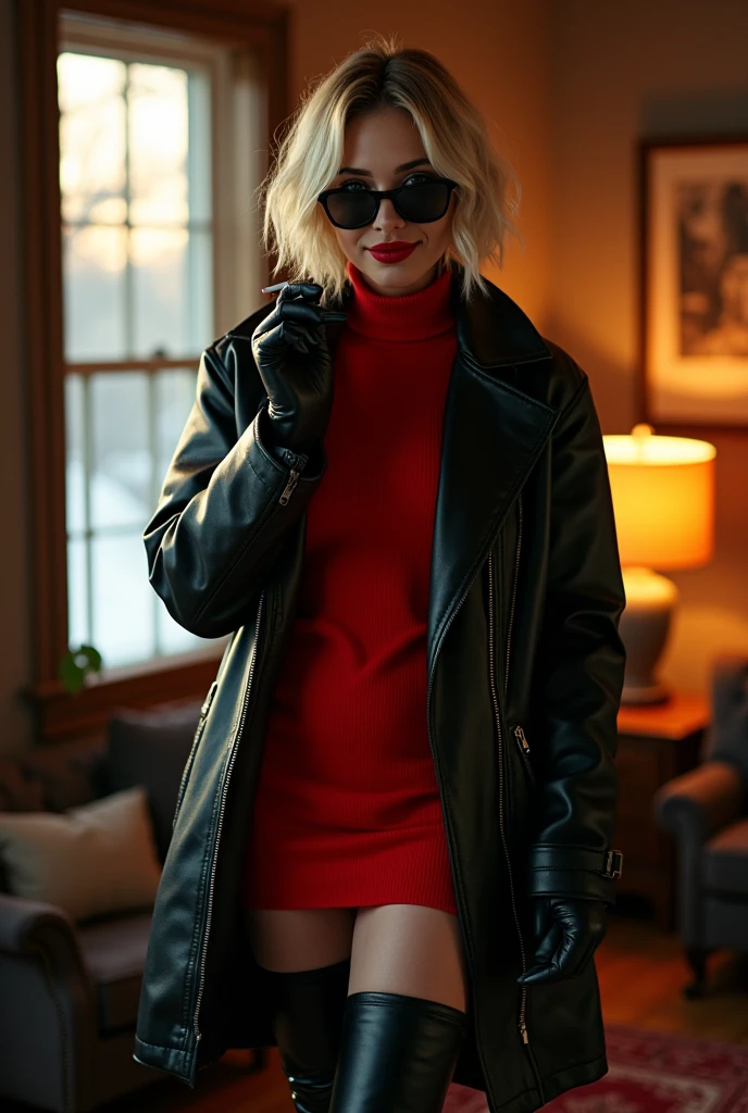 intimate photo. 35 year-old busty Iowa girl next door. kind face. short blonde layered paige style hair. wearing black rayban sunglasses. sharp red painted lips. standing in family room of classic ranch house in Iowa. sunset. winter. snowfall. Wearing black leather winter weight coat, partially zipped up. red turtleneck dress with tightened waist. glossy dark pantyhose and black leather thigh high, high heeled boots. Long black tight fitted leather gloves. smoking a cigarette. eye contact. sultry smile.