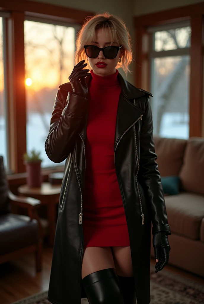 intimate photo. 35 year-old busty Iowa girl next door. kind face. short blonde layered paige style hair. wearing black rayban sunglasses. sharp red painted lips. standing in family room of classic ranch house in Iowa. sunset. winter. snowfall. Wearing black leather winter weight coat, partially zipped up. red turtleneck dress with tightened waist. glossy dark pantyhose and black leather thigh high, high heeled boots. Long black tight fitted leather gloves. smoking a cigarette. eye contact. sultry smile.