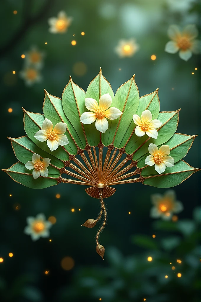 Magic Jasmine Fan
This fan is made of jasmine leaves reinforced with gold thread and decorated with small shining jasmine flowers.