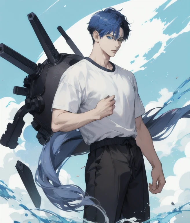 jujutsu kaisen、초소、 ((최고의 품질)), ((걸작)), (상세한), 완벽한 얼굴, Hair color mixed with white and baby blue, young man in his late 20s, blue eyes, short hair, semi-curly hair, slightly long bangs, idol look, actor look, model look, Japanese animation drawing, illustration drawing, handsome face, raised eyebrows , good impression, expressionless expression, Korean webtoon drawing style, casual clothing style, Korean idol hair, T-shirt, knit shirt, ass perm, Korean idol hairstyle, short back hair, Asian, Irish human, mixed race, one character, alone, alone, only one person in image,