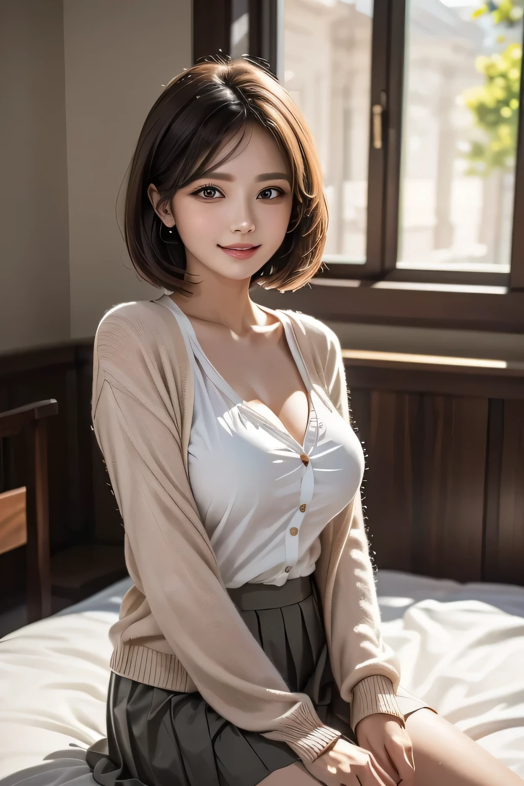 1 female, (Beautiful face with detailed shading), whole body, 40s, (Big Breasts), Brown eyes, (Pink Cardigan), Open cardigan, White camisole blouse, (Yellow pleated skirt), White Knee High, On the bed, (Tabletop)), ((Highest quality)), (Very detailedな), ((Charm)), ((Very detailed)), 4K, (8k), Highest quality, (beautiful), (((World Class Quality))), Very detailed, High resolution