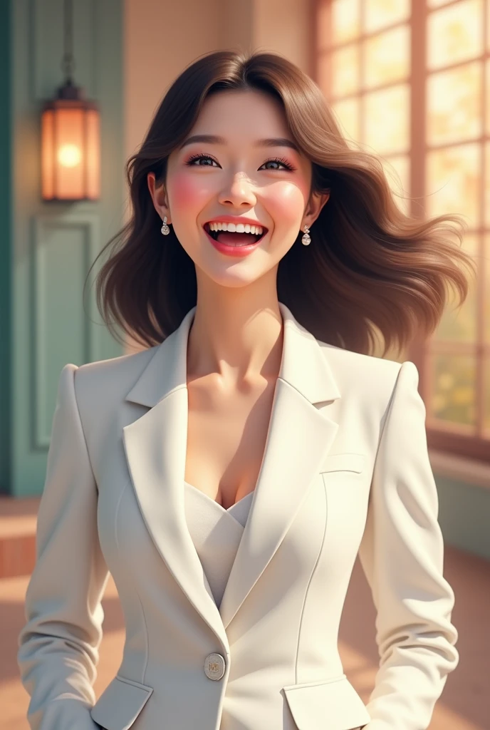A 40-year-old Korean woman in a white suit cheering happily, 2.5D