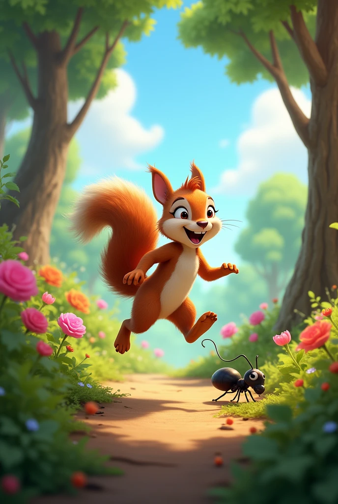 Sammy the Squirrel Playing:**
- "A playful squirrel named Sammy, with a bushy tail, is seen jumping from one tree branch to another, carefree and joyous. The scene is set in a vibrant forest with colorful flowers, green foliage, and a clear blue sky. Below, Andy the ant is visible on the ground, working hard, contrasting with Sammy's playful demeanor."