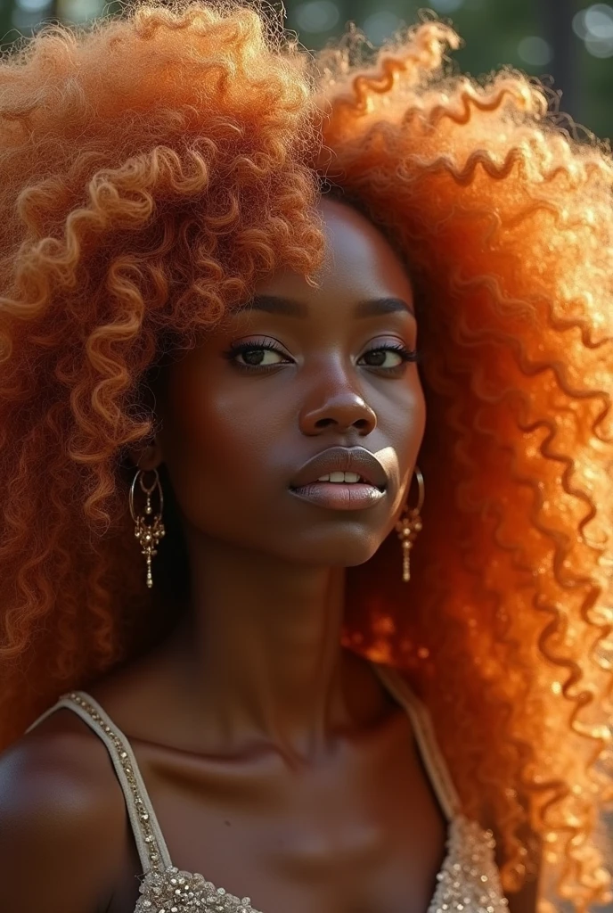 A Black woman with long, voluminous, copper-orange afro curly hair, featuring white and blonde highlights, with small rays incorporated into her hair . i want to see the small rays