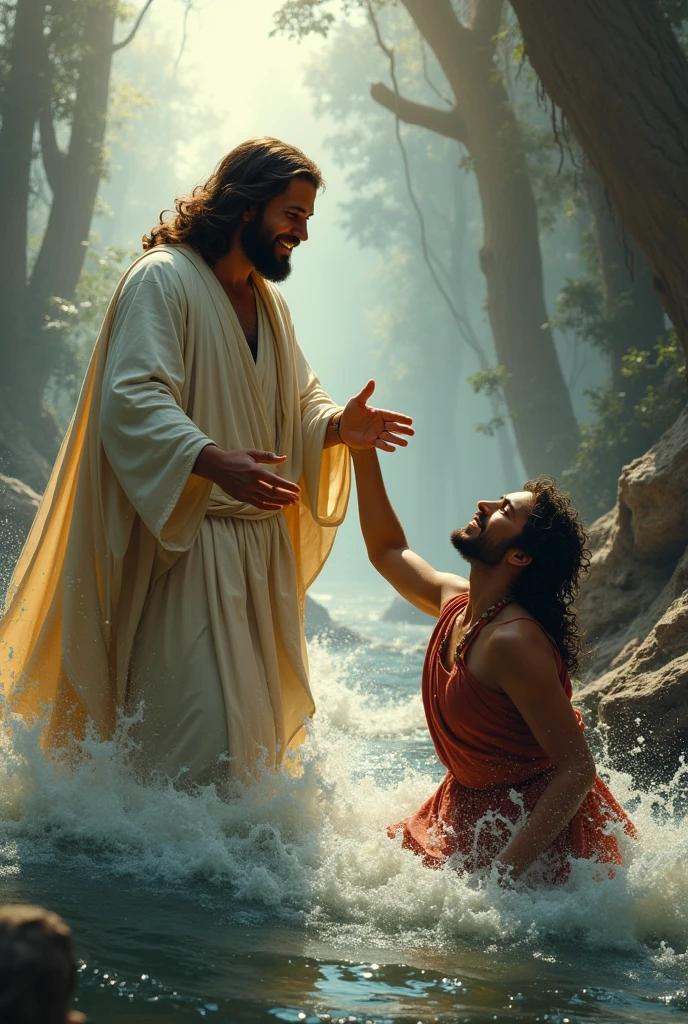 Jesus helping someone from flooded in the water with his hand