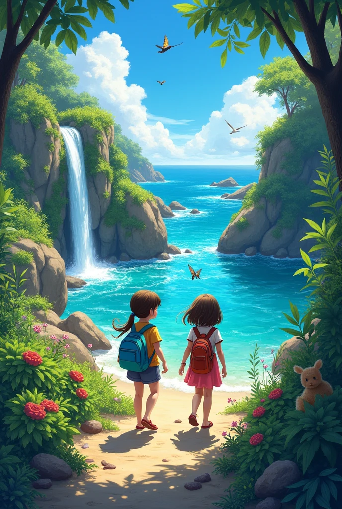 Two girls, travel to the sea waterfall, food, many animals, travel logo