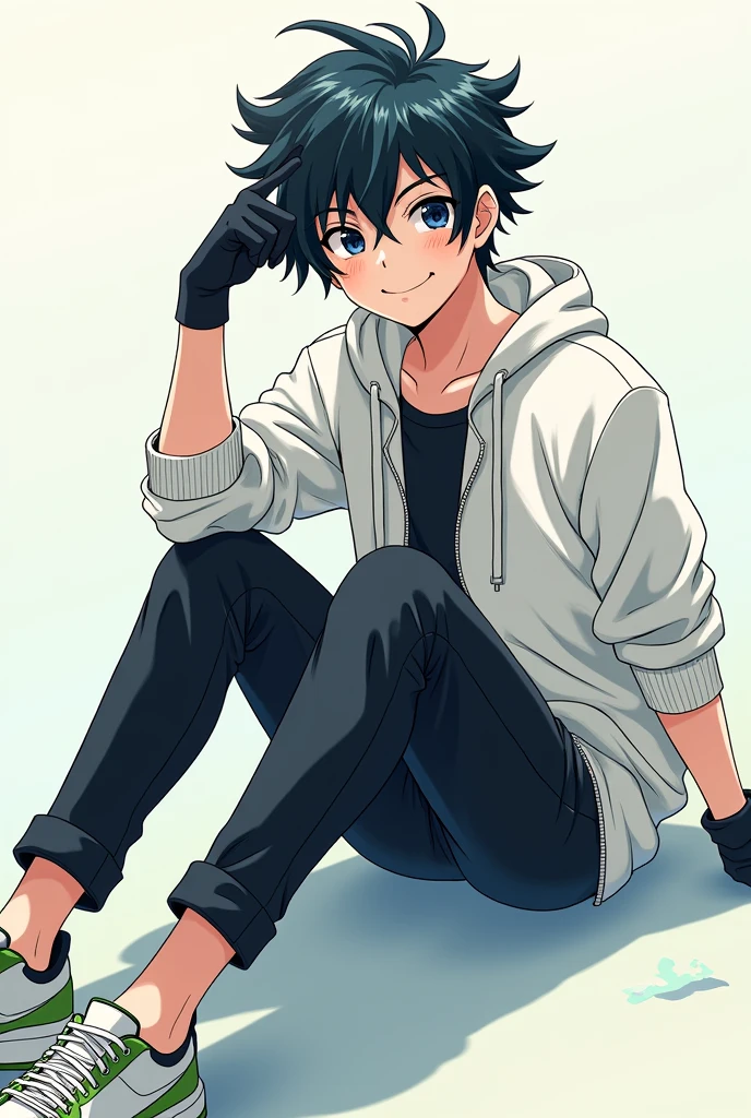 A male teenage anime style character With slightly long black hair that is a little spiky with the hair slightly shading his face, navy blue eyes, happy, Jaketa White jacket, black pants, white sneakers with green, and with black gloves.
manga style