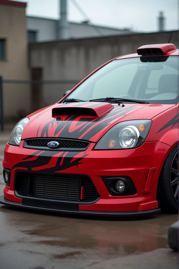 ford fiesta power 2004 red color , with black racing stripes drawn on, con spoiler, custom rims , modified headlights 