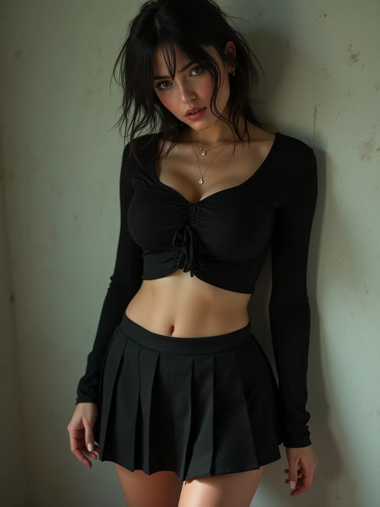 sexy russian teen wearing black school uniform skirt and top belly visible