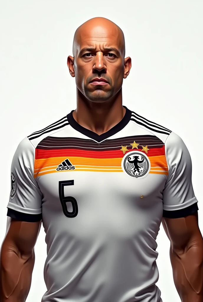Vin Diesel with the Germany football shirt Euro 2024 version with the white colors, orange and black
