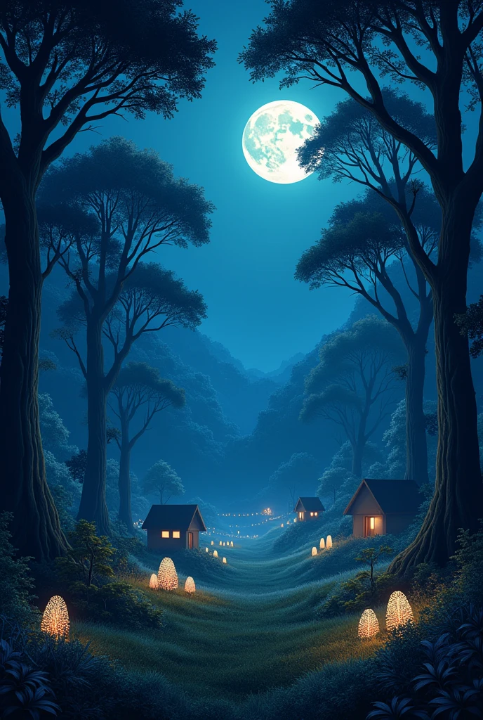 The size of the remote village picture will be very big. Two or three houses are a little far away. There are two banyan trees. A big moon is peeping in the sky. Grown up there some jonakiThe forks are giving light in the darkness of the night