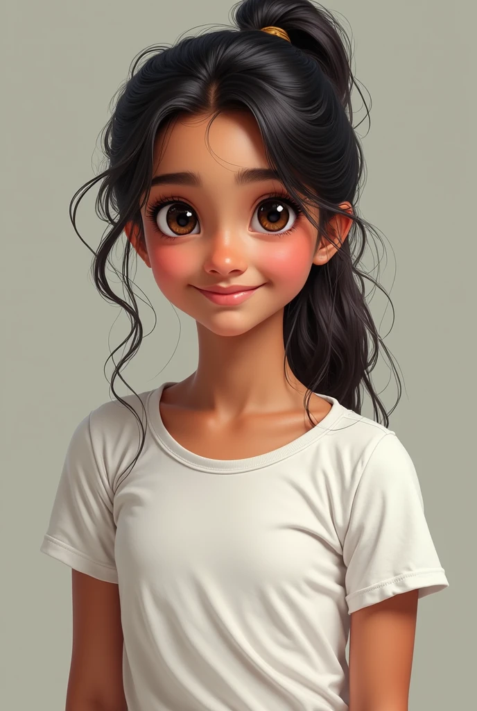 A detailed portrait of an 1 female indian ager. She has a frame, a youthful glow to her complexion, expressive eyes filled with curiosity, and a dimpled smile. She has medium-length hair tied up in a casual ponytail. She is wearing a comfortable stylis t shirt