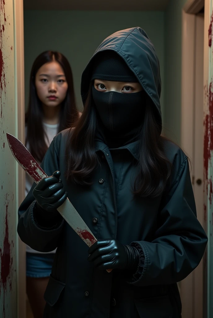 2 korean girls, (holding knife, leather balaclava mask), stabbing, black leather gloves, entrance of the house, black raincoat, girl only, bloody knife, leather gloves, looking at viewer, blood splatter, night, mass murderer, killer, blood splatter, bloody room
