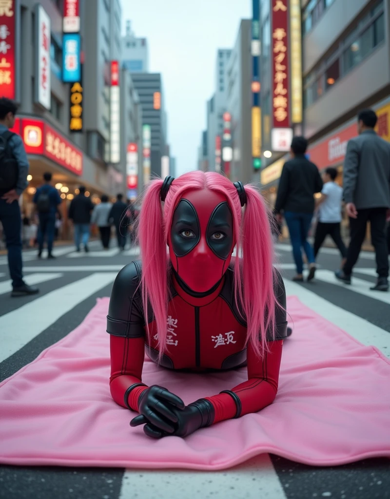 ((Highest quality)), ((masterpiece)), (photograph), (Japanese women), (Deadpool costume and makeup:1.2), (White letters on the chest「mu-mi」He writes:1.2), Deadpool woman with pink hair and twin tails、Lying on a pink bath mat at Tokyo&#39;s Scramble Crossing、Surrounded by passers-by。