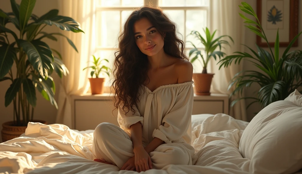 (photorealism:1.2), beautiful woman, sitting on bed, wearing loose off-shoulder top, pajama pants, long curly hair, indoors, soft lighting, plants in background, window with sunlight, cozy room, relaxed pose, realistic, intricate details, warm colors, by Greg Rutkowski, by Alphonse Mucha