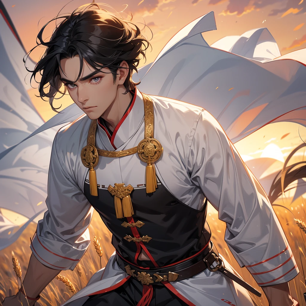 Handsome black-haired male general holding a large sword in white ancient Chinese costume, Standing in the middle of wheat field, sunset, close up.