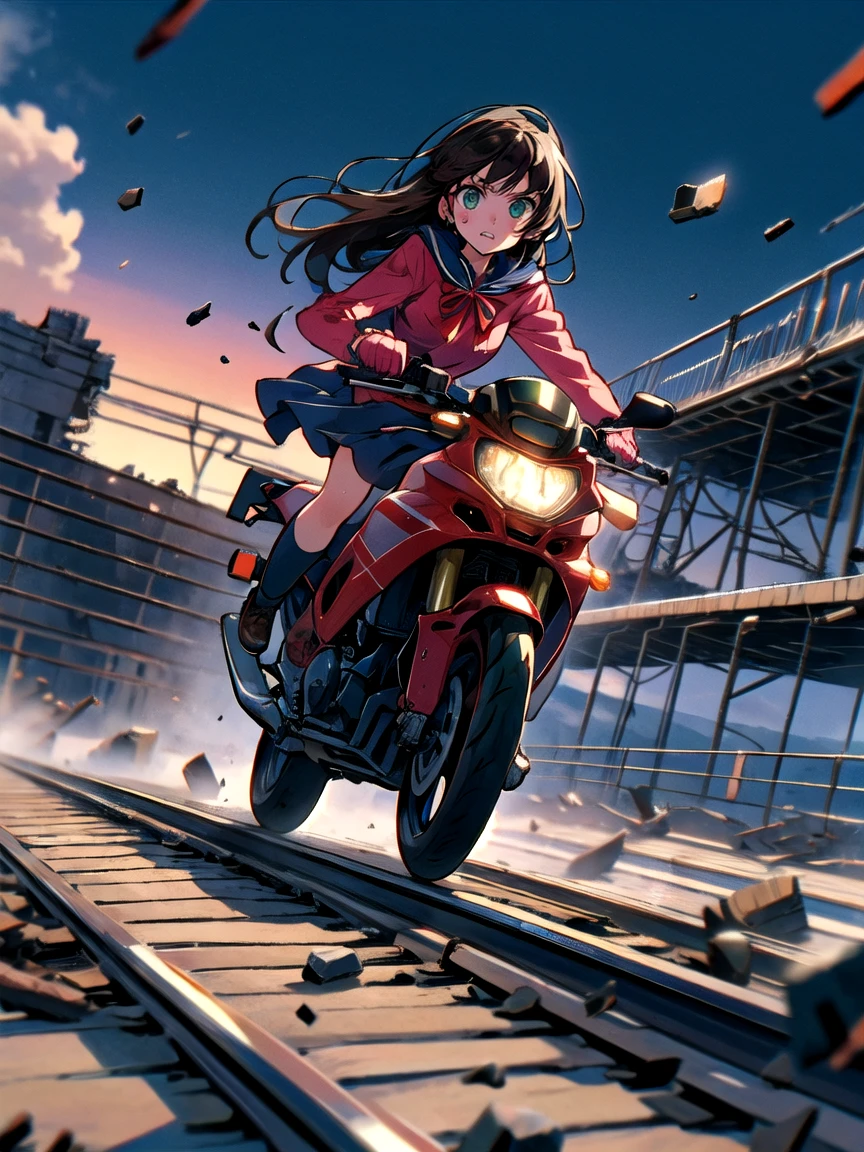 masterpiece、Highest quality、Very detailed、1girl、solo、serious、V-shaped eyebrows、Sweat、Sweat滴、Clenched teeth、Mine Fujiko、Green Eyes、Brown Hair、Long Hair、Rider Suit、Red ribbon、Long sleeve、Two-tone dress、1100cc bike、Large displacement bike、Knee-high、 壊す run away橋、Break、crack、Debris、destruction、run away、Contour well、Motion Blur、Speed Line、riding、Ride a motorcycle、handrail、Railway tracks、train、