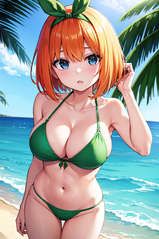 Being on the beach,Four-leaf girlfriend, Nakano Yotsuba, Bangs, Short Hair, Blue eyes, Hair between the eyes, Hair Ribbon, hair band, Orange Hair, Green ribbon,Big Breasts,Cleavage,bikini,白のbikini,Hands behind head
