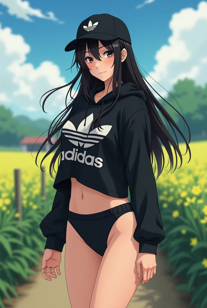 sexy anime girl, long black hair, black eyes, barefoot, wear black adidas cap, wear black adidas hood, wear black adidas hot pants, background is farm