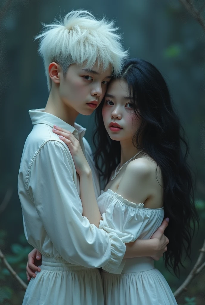 A Boy white-hair hugs a girl Long black hair, white body, white clothes, 26 years and both of them look at the camera, theme color picture is a blue mixed black and white