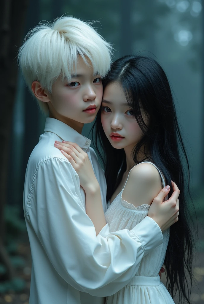 A Boy white-hair hugs a girl Long black hair, white body, white clothes, 26 years and both of them look at the camera, theme color picture is a blue mixed black and white 