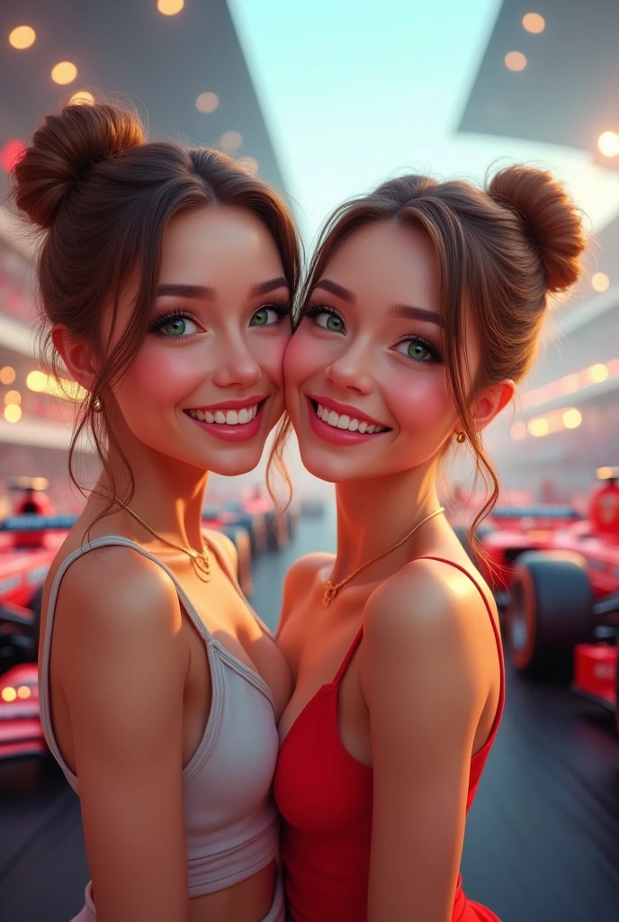A beautiful 2 celebrity, Light brown bun hair, greeneyes, beautiful smiling, dimples and white skin cheering for a Formula 1 race