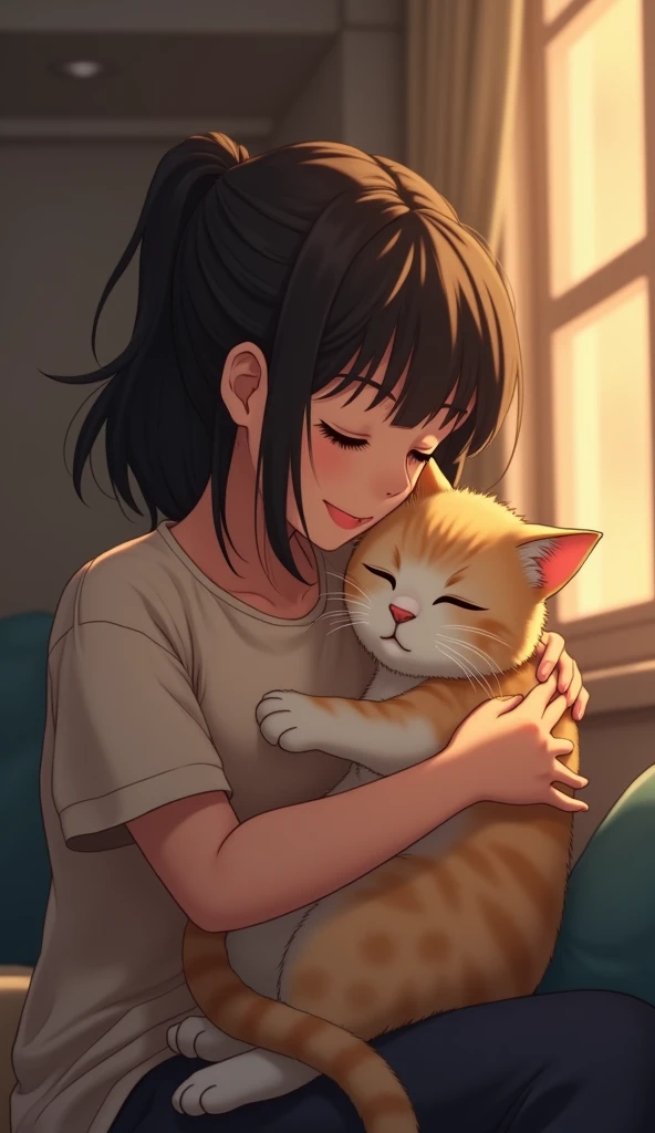 A scene of a cat gently snuggling up next to its owner. The cat quietly approaches its owner, resting its head lightly on their shoulder or lap with a relaxed expression. It curls up, as if wanting to share a moment of comfort and calmness, showcasing a warm and peaceful demeanor as it cozies up to its favorite person.